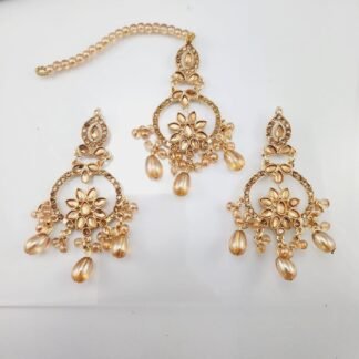 Gold Kundan Chandbali Earrings and Matha Tikka with Pearl Beads – Bridal & Partywear Jewelry